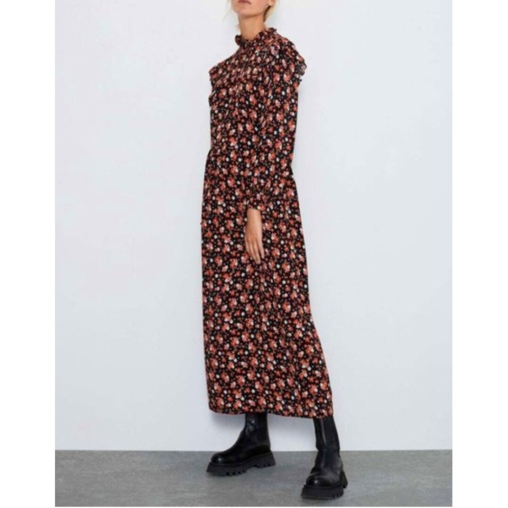 ZARA Womens Floral High Neck Ruffle Maxi Dress Black Red Small 0881/101